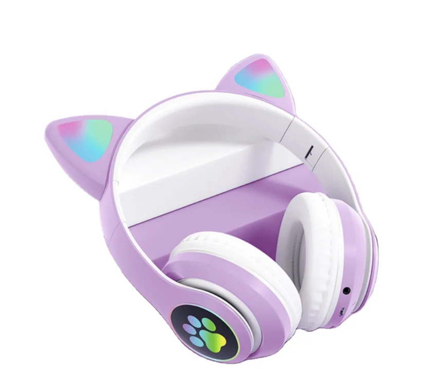 

2021 New Arrival For Girls Gaming Headphone Cat LED Glowing Foldable Over Ear BT5.0 Noise Cancelling Cat Ear Headphones