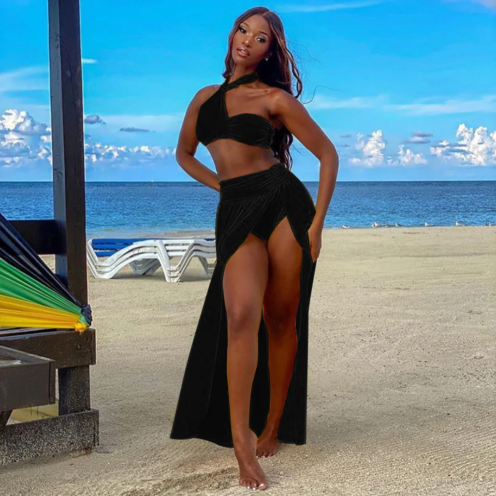 

Pure Color Halter Bikini Split Swimsuit Beach Skirt Two-Piece Women
