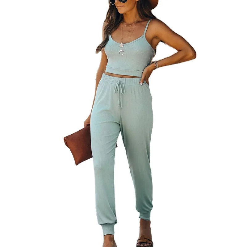 

Solid Crop Top summer Two Piece Set Women Clothing 2021 Pants Set Women 2 Piece Outfit Women Clothing