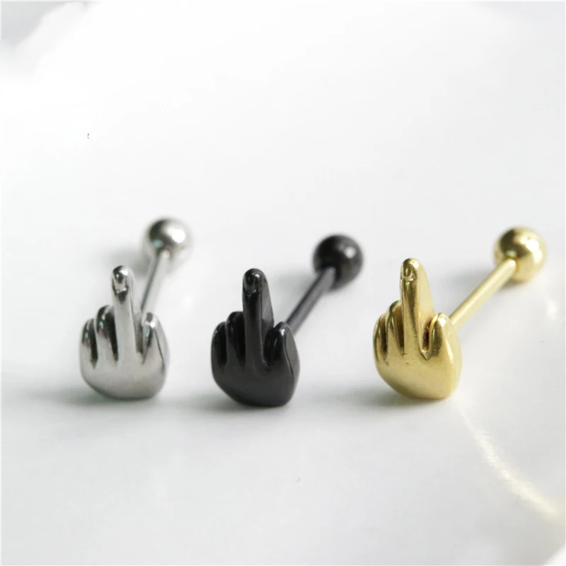 

wholesale hip hop punk middle finger cunique men earrings stud stainless steel 316l