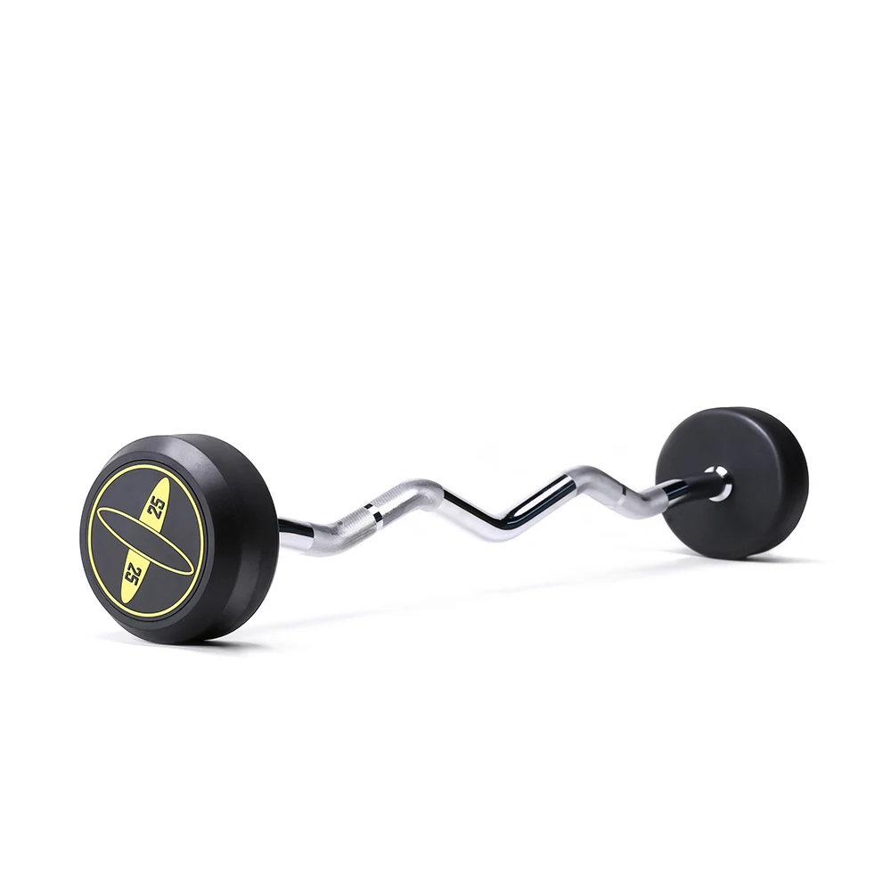 

Gym fitness equipment rubber EZ curl weightlifting barbell, Black