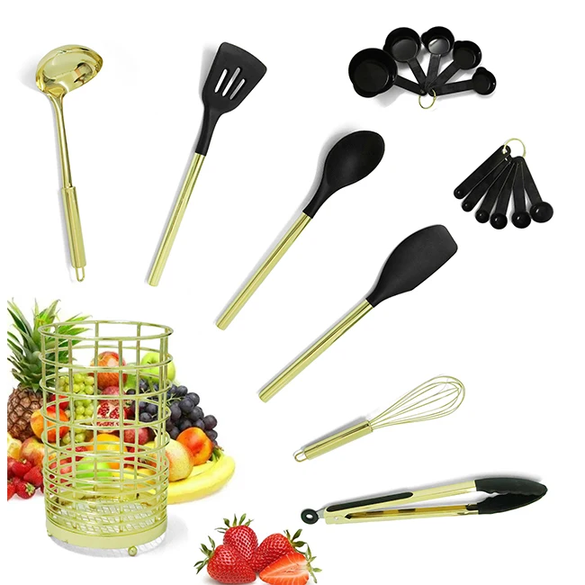 

Cooking Utensils With Holder Measuring Cups and Spoons Gold Kitchen Accessories