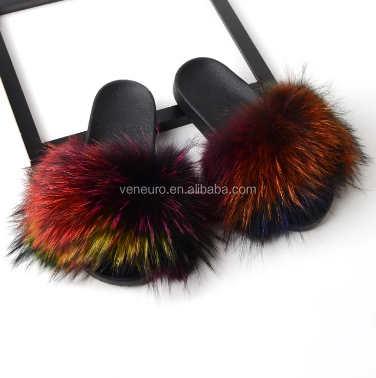 

Fashion Design Women Biggest Whole Fox Fur Colorful Sandal Slides Matched Soft Furry Slippers Rainbow Natural Fur Slides, Customized color