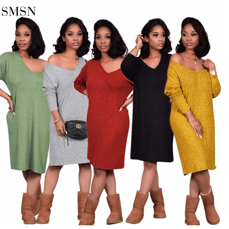 

Wholesale Stylish Solid Color Loose Dresses Women Lady Elegant Women Casual Long Dresses