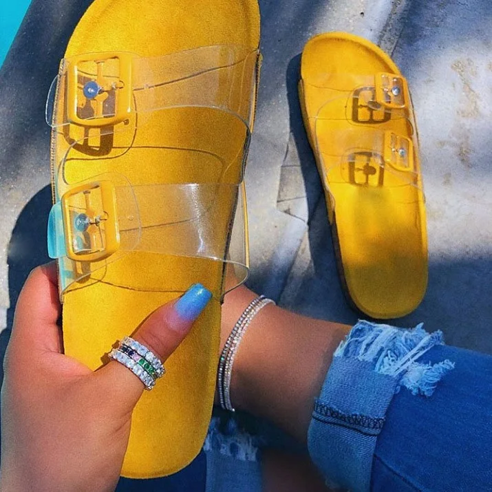 

women pvc flat slippers soft thick sole double straps outdoor sandals summer woman shoes, Yellow red black white