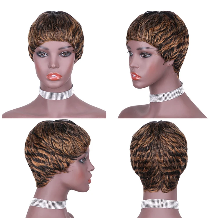 Pelucas de cabello humano corto con unicornio de color marrón degradado sin mezcla de encaje.jpg