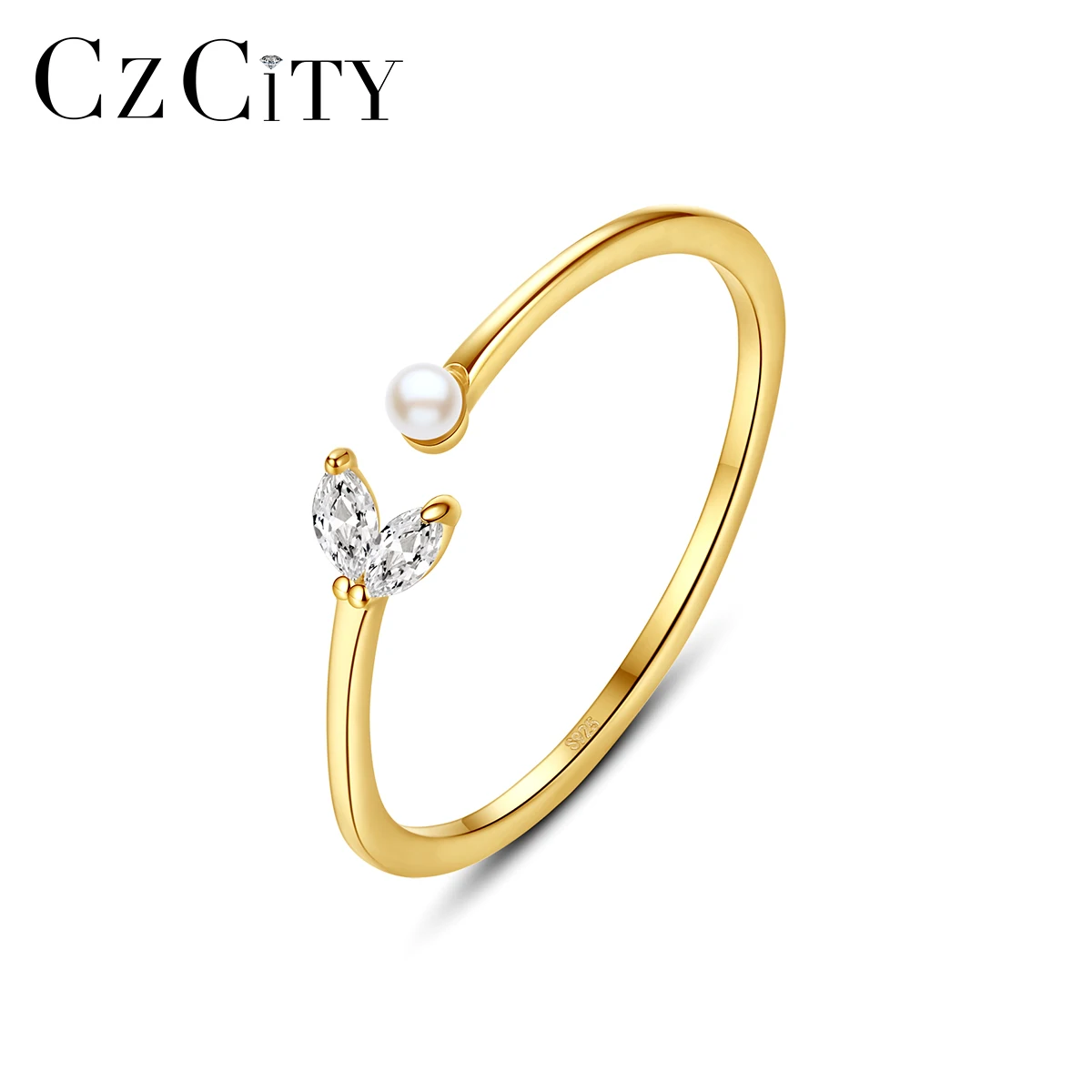 CZCITY Unique Silver Trendy Jewelry Korean S925 Sterling 925 Cubic Zirconia Luxury Fashion Gold Leaf Ring