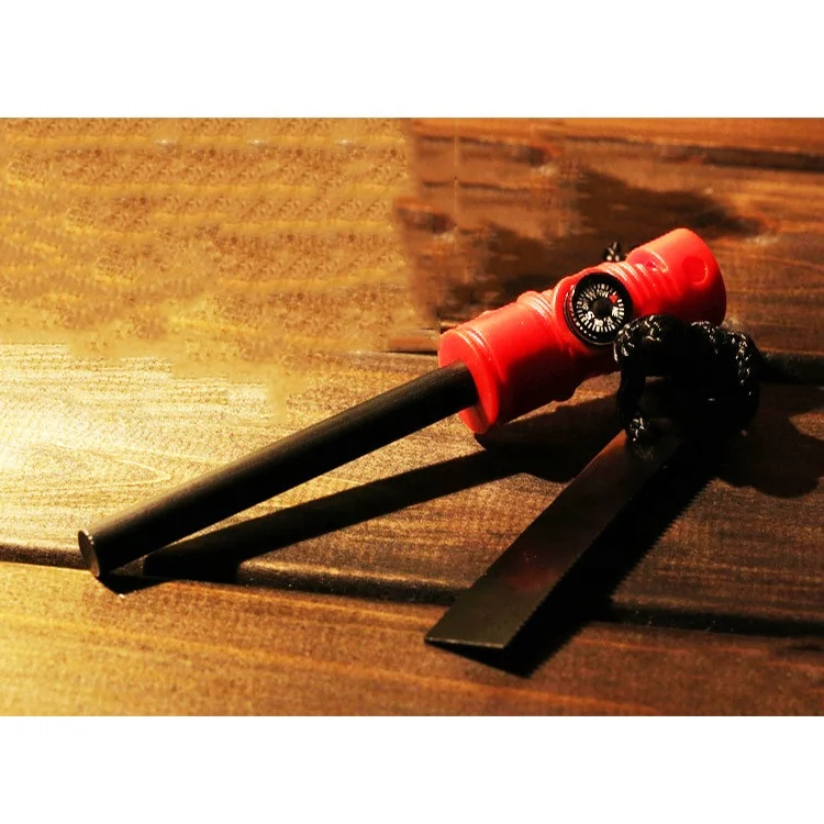 

Promotional Items Camping Whistle Compass Scraper Outdoor Flint Firesteel Fire Steel Starter, Black, red