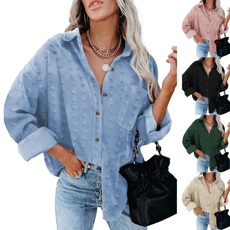

Amazon Ins Hot Sale Women Chiffon T-shirt Solid Jacquard Lapel Long-sleeved Tops Ladies Loose Sexy See Through Blouse Casual