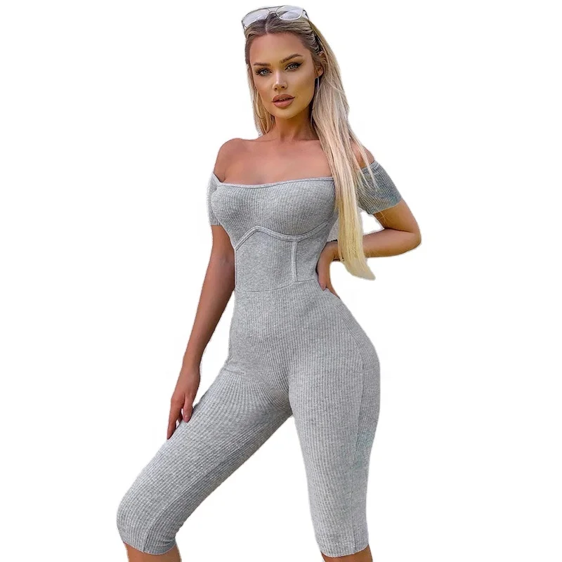 

2021 Summer Mid-Waist Sports Style One-Piece Five-Point Pants One-Shoulder Short-Sleeved Jumpsuit