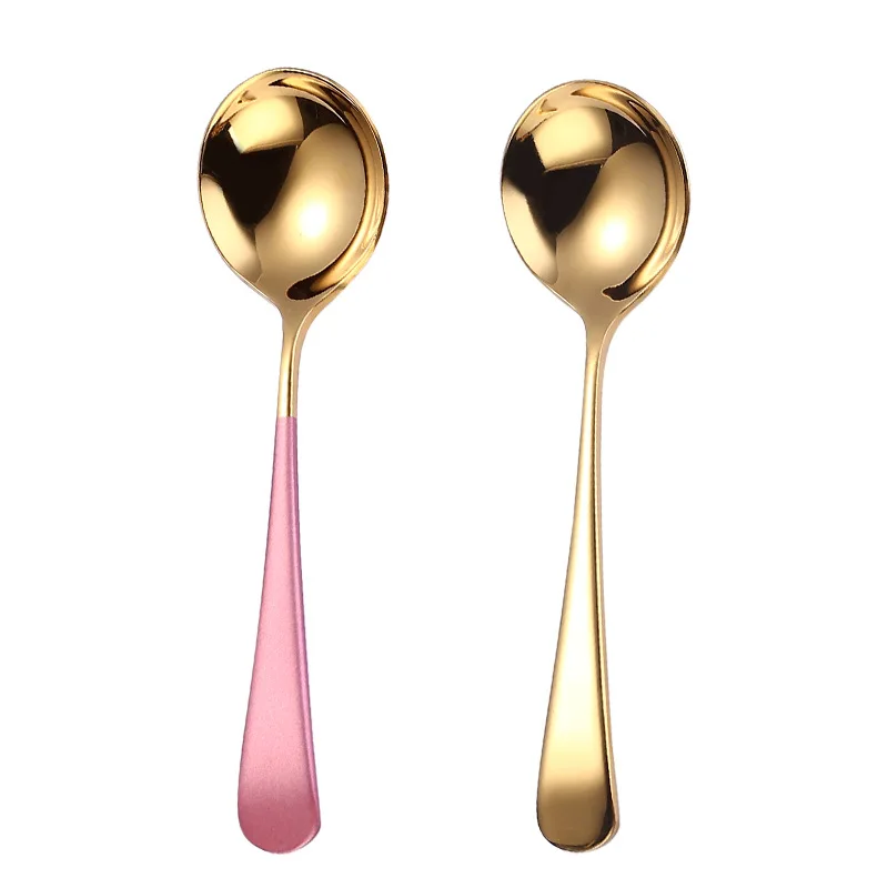 

304 Stainless Steel Spoon Korean Small Rice Soup Spoon Household Gold Round Head Coffee Spoon Long Handle