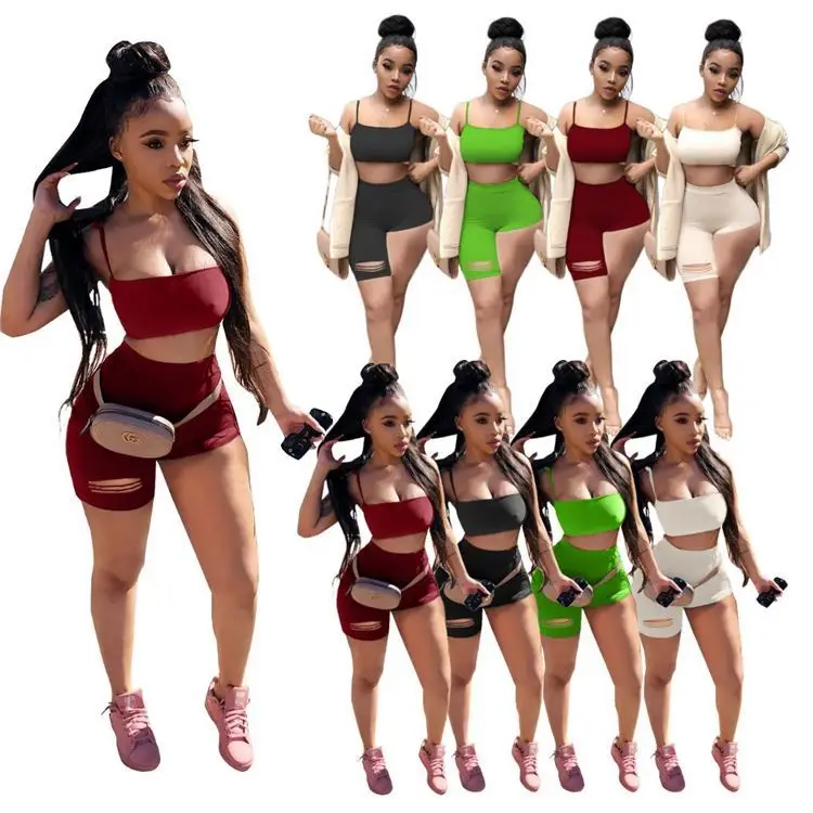 

OSINA Spaghetti Straps Solid Color 2 Piece Pants Women Clothes 2021 Summer Outfits Crop Top Two Piece Set Women Clothing