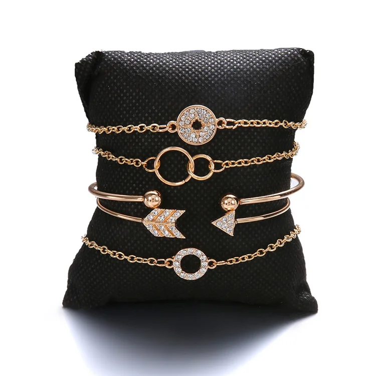 

Quality 5-piece Set Arrow Retro Crystal Round Fashion Bracelet Set Charm Bracelets, Gold,silver