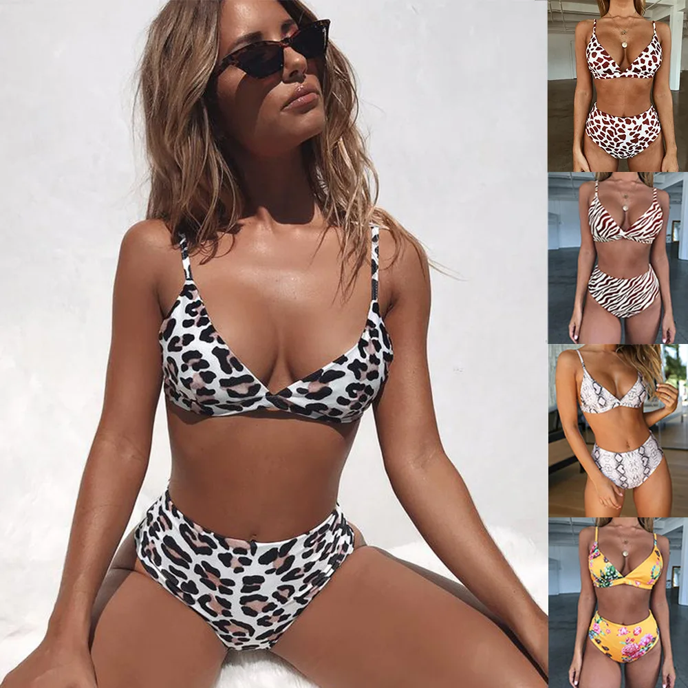 

2020 Swimwear Women Sexy bikini Sets Summer off shoulder bathing suit Leopard Print Swimwear Two Pieces