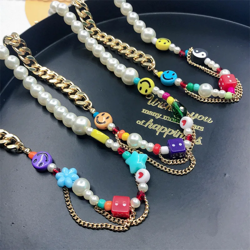 

happy go lucky cartoon handmade 14k gold pearl y2k butterfly smiley face dice bead necklace colorful womens