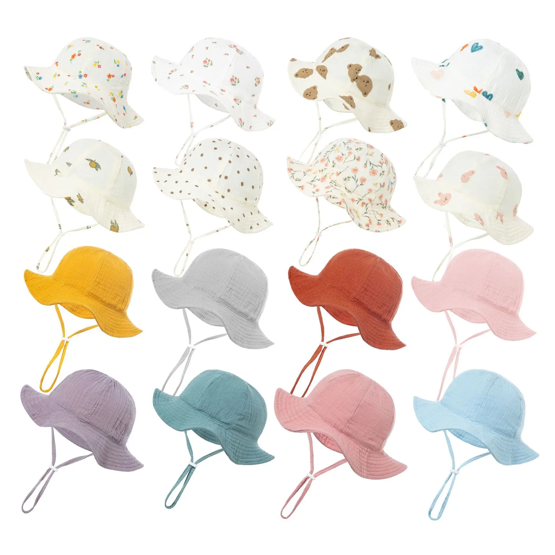 Kids Unisex Breathable 100% Cotton Adjustable Wide Brim Anti-sun Casual Fishing Bucket Hat for Baby