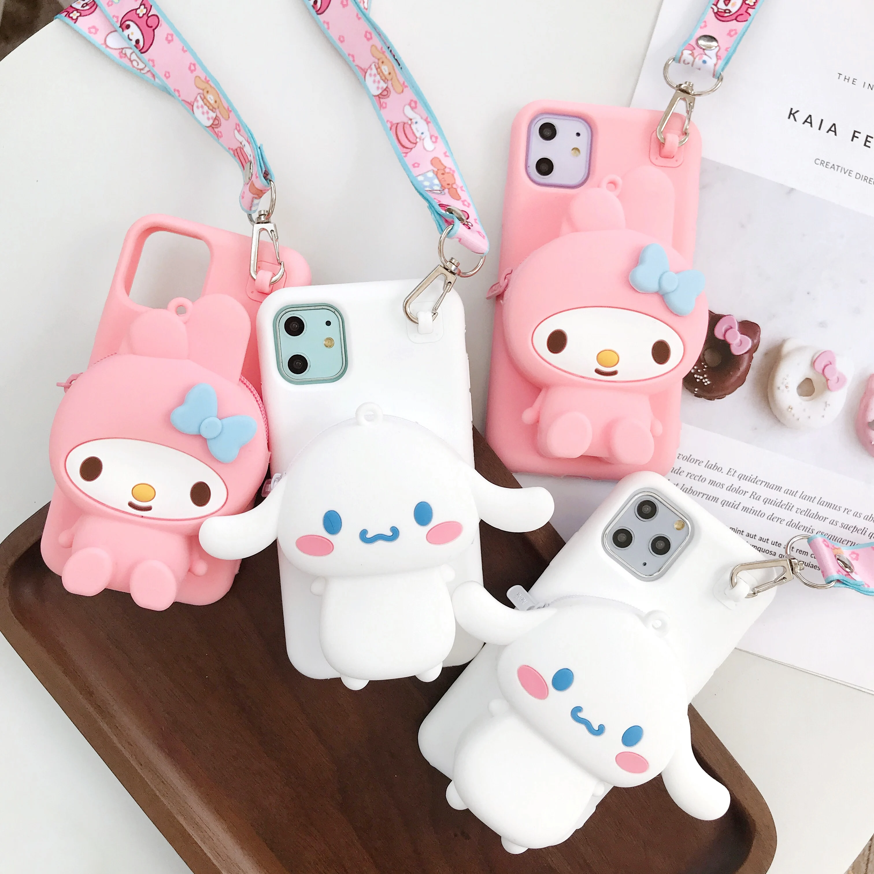 

For iPhone 12 11 Pro Max X 6 7 8 Plus Cute Cartoon 2 in 1 Soft Silicone Phone Case Cover With Purses Bag Shoulder Strap