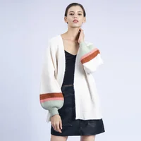 

2020 New Ladies fashion collarless lantern sleeves casual loose knitted sweater with pocket cardigan