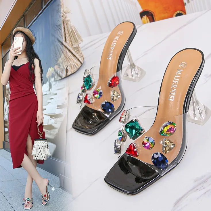 

New 2021 summer PU chic colorful big rhinestone high-heeled sandal Pump women