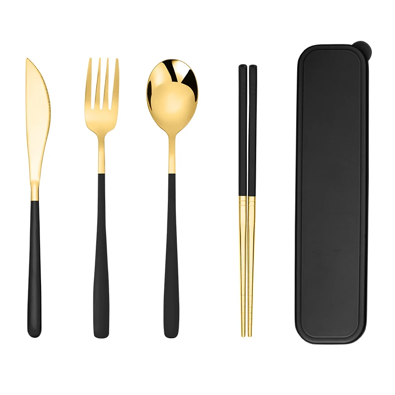 

Korean Flatware Set Gold Plated Spoon Fork Knife Stainless Steel Portable Travel Cutlery Set