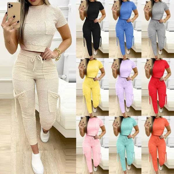 

2022 3XL Womens Trackusuit Summer Two Piece Set Sportswear Tshirt Pocket Joggers Pants Two Piece Pants Set, As picture or customized make