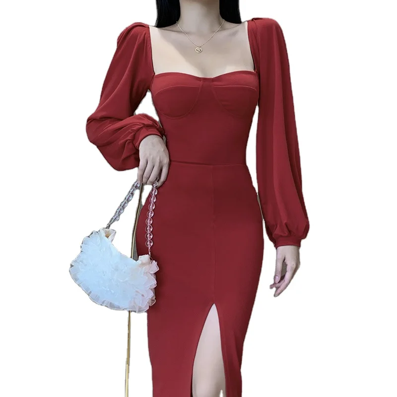 

Wholesale Casual Elegant Bodycon Dress Autumn Long Sleeve Midi Sexy Women Red Vintage Slit Dresses, Black/red