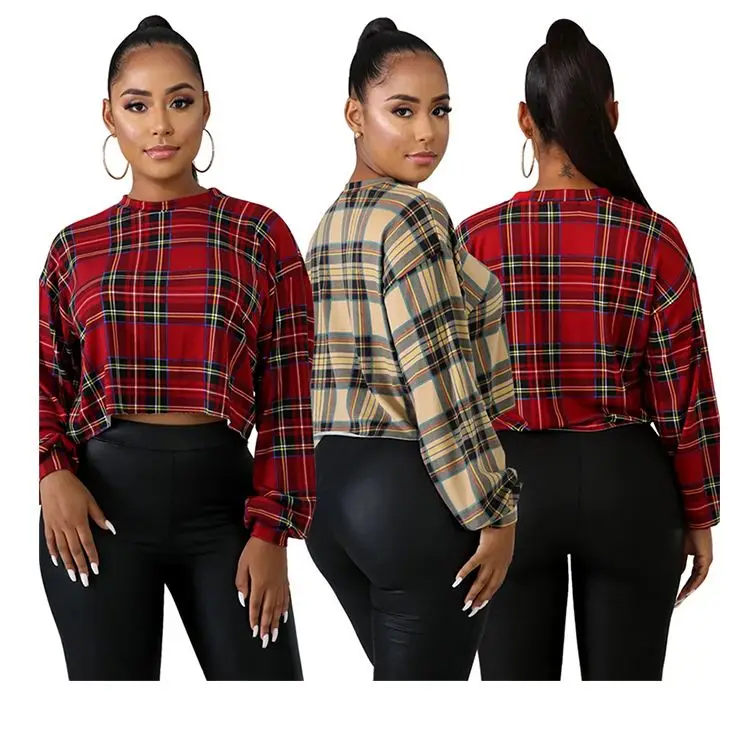 10551NA New Arrival Round Neck Long Sleeve Plaid Print Ladies Women Crop top blouse 2020 Boutique Clothing