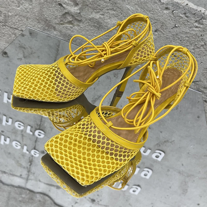 

Fashion 2021 Brand Woman Pumps Sexy Hollow Mesh Summer Sandals High Heels Square Toe Ankle Lace-Up Women Party Dress Shoes