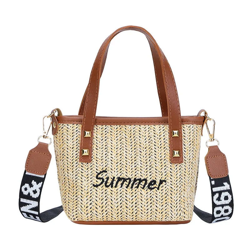 

2021 New INS Summer Letter Straw Braided Tote Bag Women's Carry Bag Single Shoulder Bucket Bag, As photo show