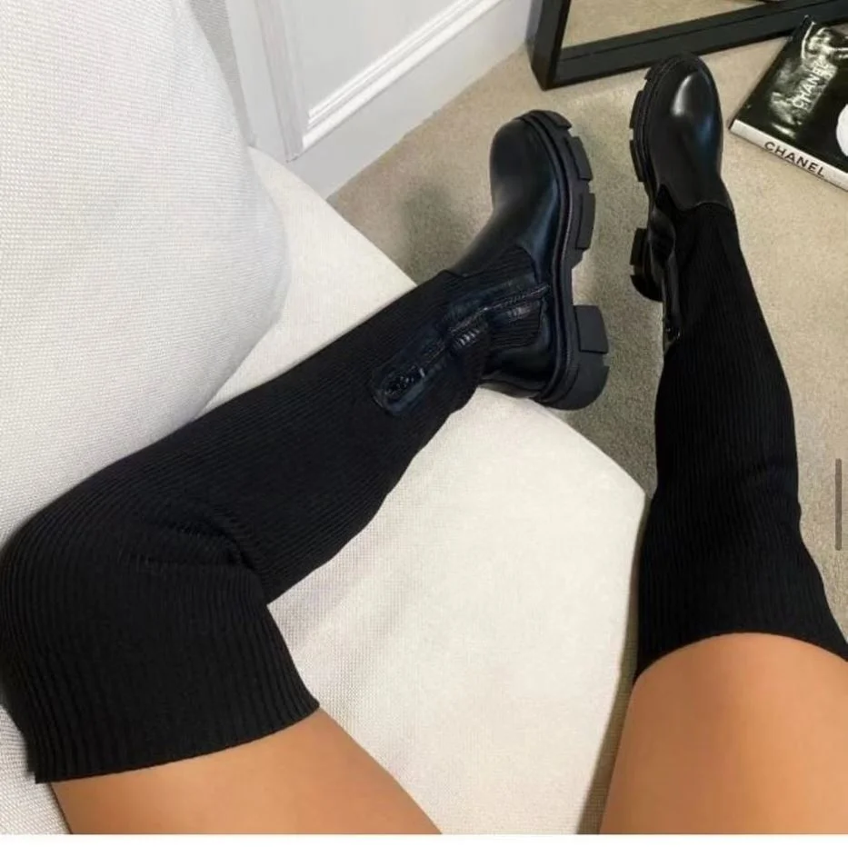 

Women Round Toe Low Heel Stretchy Black Long Boots Winter Thick Sole Ladies Casual Thigh High Boots, Customized color