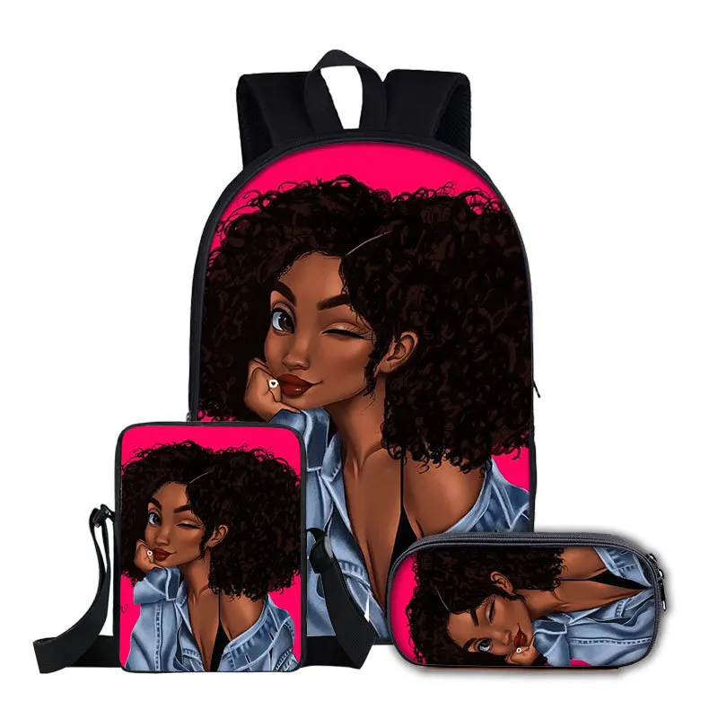 

Custom Black Art African Girl Printing 3pcs Set for Sac Cartable Scolaire Fille Rucksack Girls bookbags for Kids, Customized