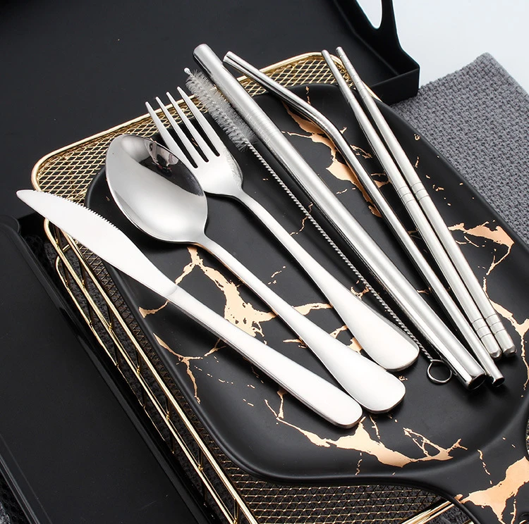 
304 Stainless steel dinner set tableware set portable travel cutlery set with wheat box 7pcs 