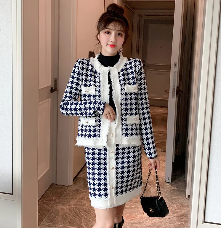 

Wholesale White Black Winter Long Sleeve Short Shirt Women Two Piece Set Elegant Dresses Tweed Dress
