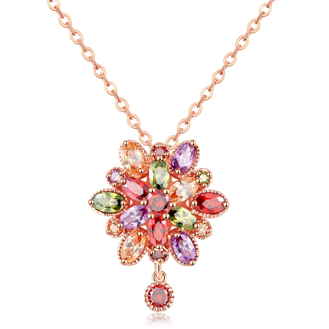 

High quality elegant color zircon rose gold copper chain collar flower pendant jewelry ladies crystal necklace