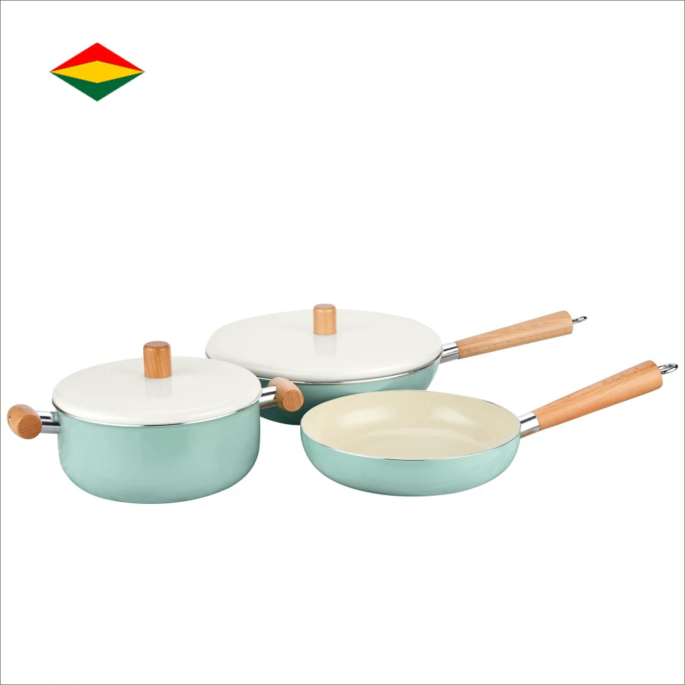 

Enamel Pot Kitchen Ware Three-piece Combination Household Smoke-free Frying Wok Kitchen Utensils Cooking Pot Cookware Set, Green