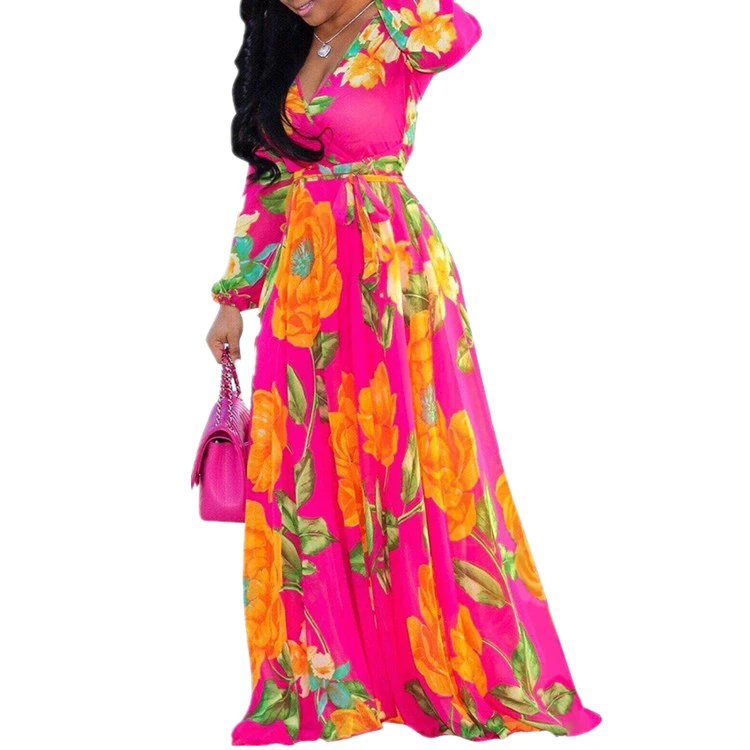 

Wholesale Plus Size Women Long Sleeve Chiffon Flower Maxi Dress