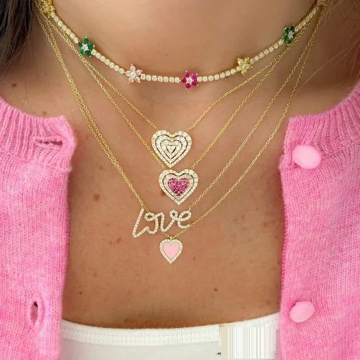 

gold plated white pink pastel colorful cz multi layer new design lover gift heart pendant necklace, Customized