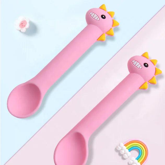 

Amazon Hot Sale Silicone Dinosaur Shape Food Grade Silicone Baby Toddler Feeding Spoon And Fork Set, Picture