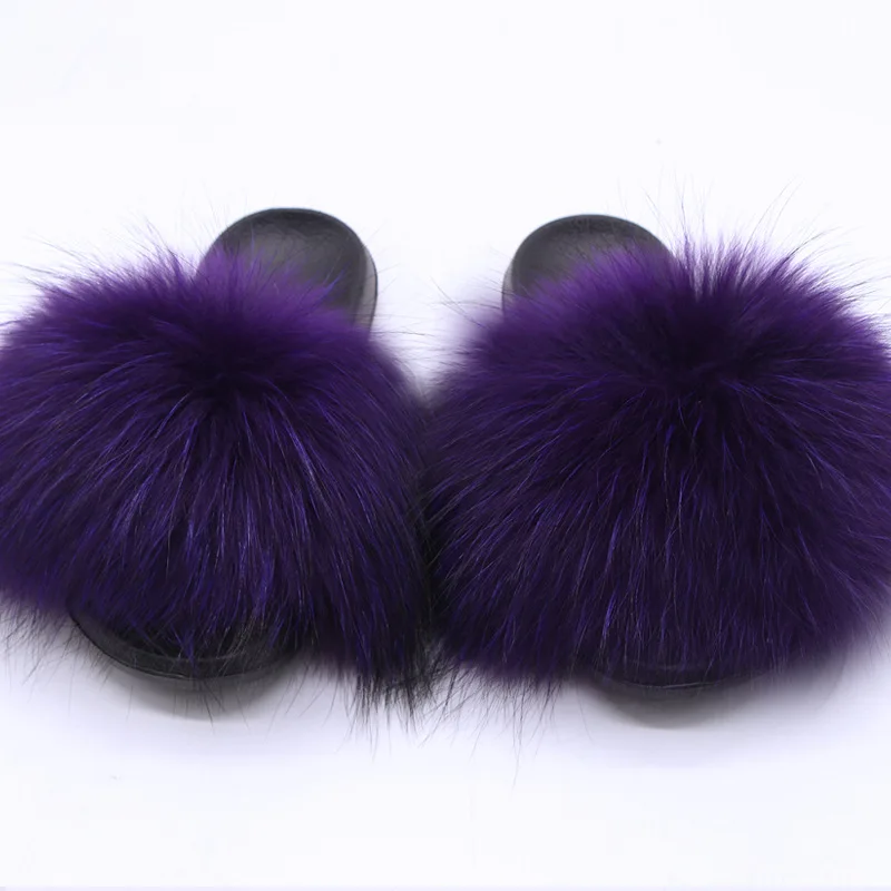 

High quality women and purse set fluffy slippers zaoqiang county daying fox woman real raccoon fur slides, Customized color