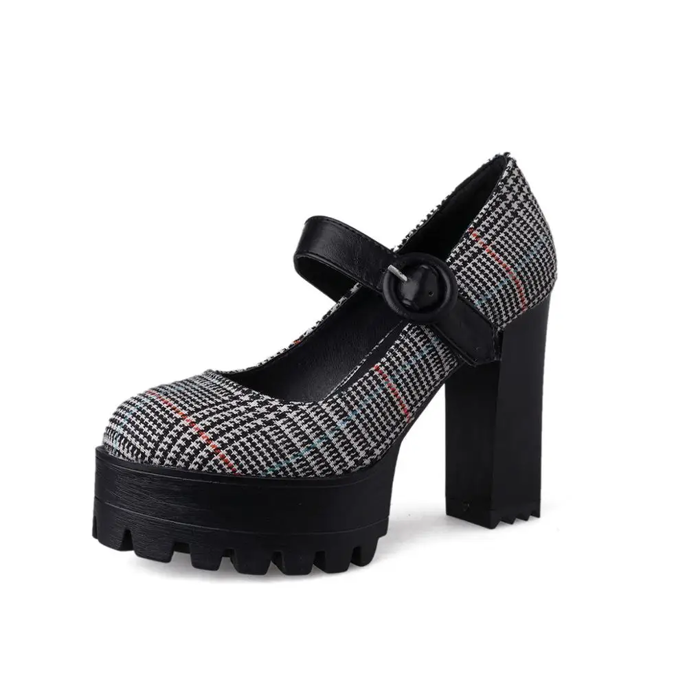 

New Design Buckles Thick Platform Comfortable Lady Office Work Heels Shoes, White