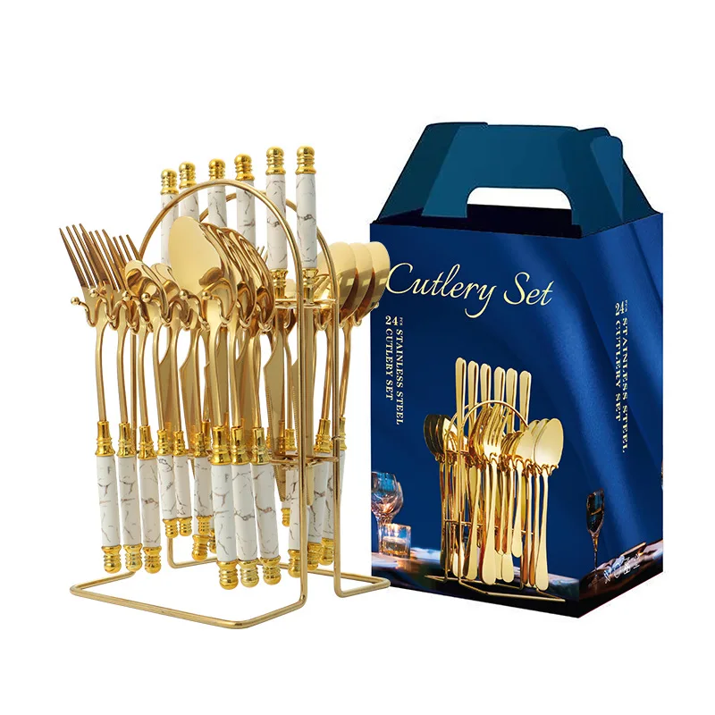 

24pcs stainless steel ceramic handle knife fork spoon gold flatware luxury cutlery set with stand in gift box