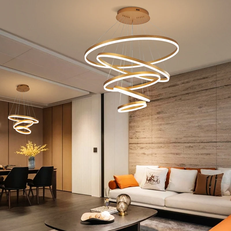 
Simple hanging decorative circle rings acrylic gold luxury modern led chandelier 