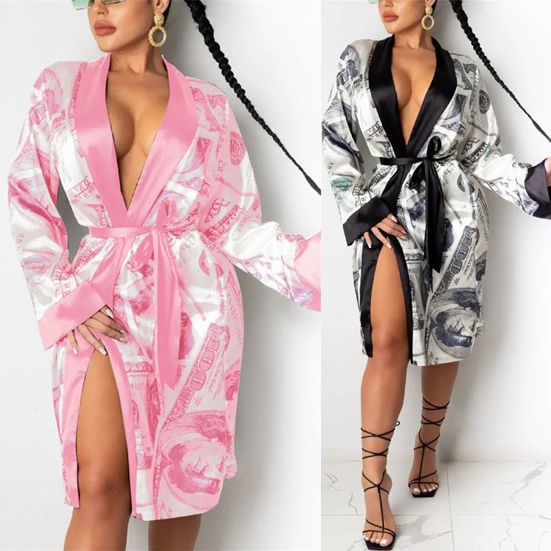 

Women Sleepwear Clothes Nightwear Pajamas Sets Money Print Satin Robes