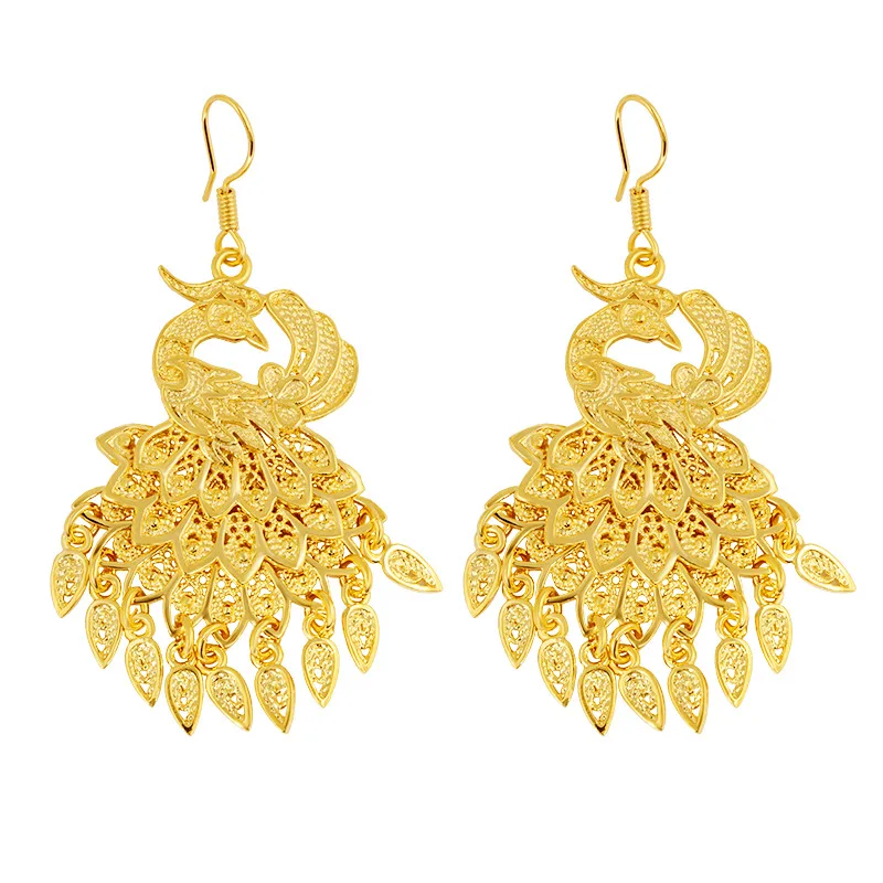 

Vietnam Shajin Open Screen Peacock Flower Pendant Female Earrings Earrings 24K Gold Plated Jewelry