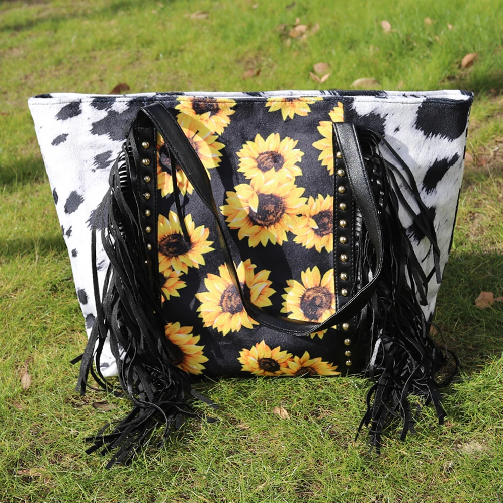 

sunflower cowhide colored fringe tassel leather female tote purse with rivet decoration, Sunflower,leopard,cowhide etc.or as request.