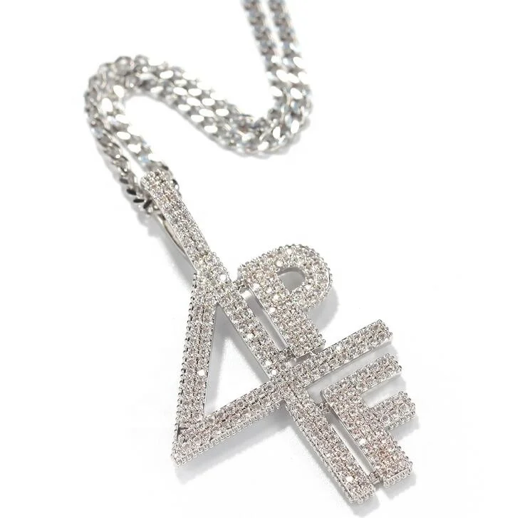 

Wholesale Iced Out CZ Diamond 4PF Letter Pendant Hip Hop Bling Zirconia Number Man Necklace