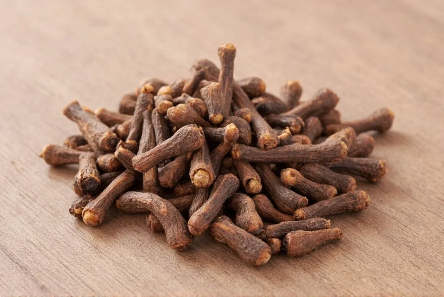 Close-up photograph of whole cloves showing their nail-like shape against a wooden spice rack