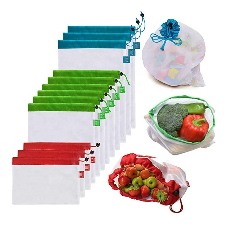 

Washable Eco Friendly food storage bag reusable mesh produce bags for Grocery Shopping Fruit Vegetable Toys, Red blue green or custom