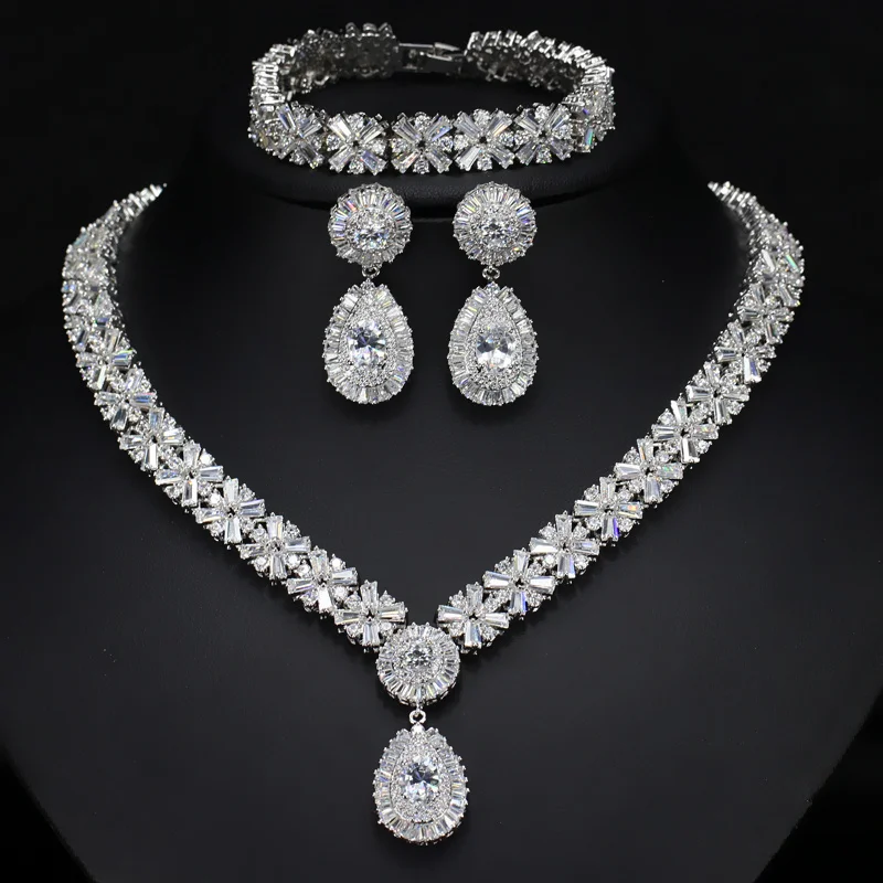 

3 in 1 Luxury Zircon Bridal Wedding Necklace/ Earrings/ Bracelet three in one wedding jewelry Set, Silver/gold