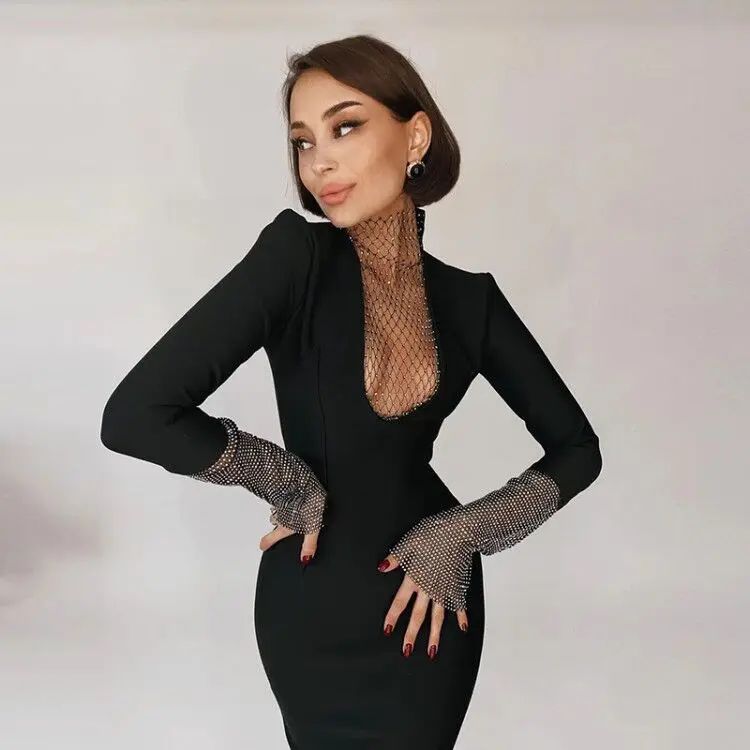 

Women Hepburn Style Party Evening Dresses Deep V Neck Long Sleeve Zipper Mesh Rhinestone Bandage Dresses